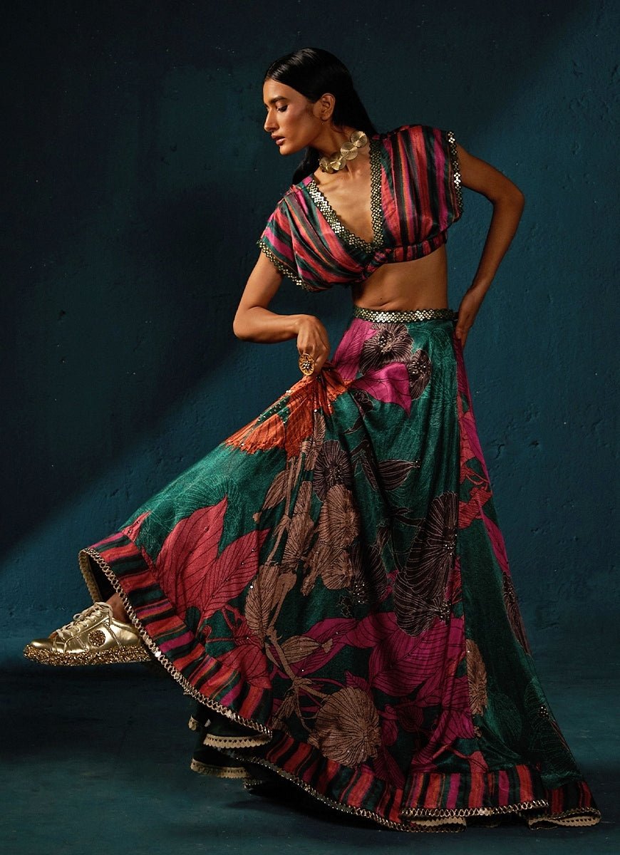 Bottle Green Floral Printed And Embroidered Lehenga Basil Leaf - Fabilicious Fashion