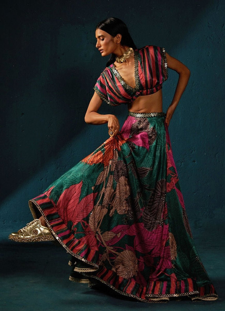 Bottle Green Floral Printed And Embroidered Lehenga Basil Leaf - Fabilicious Fashion