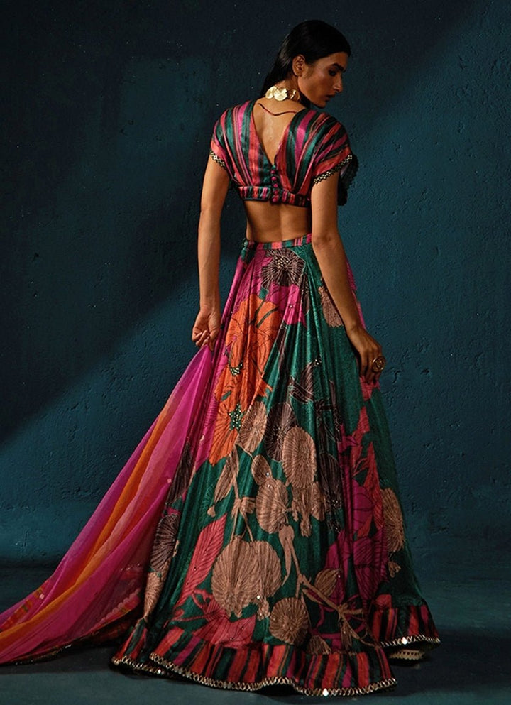 Bottle Green Floral Printed And Embroidered Lehenga Basil Leaf - Fabilicious Fashion