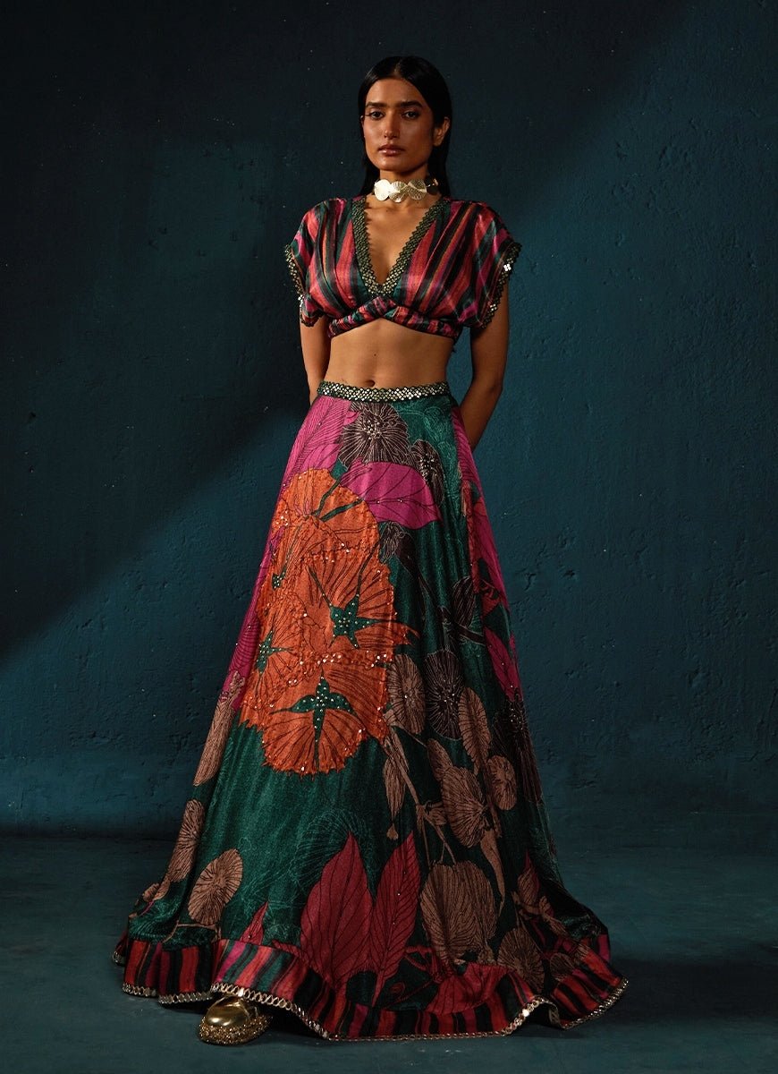 Bottle Green Floral Printed And Embroidered Lehenga Basil Leaf - Fabilicious Fashion