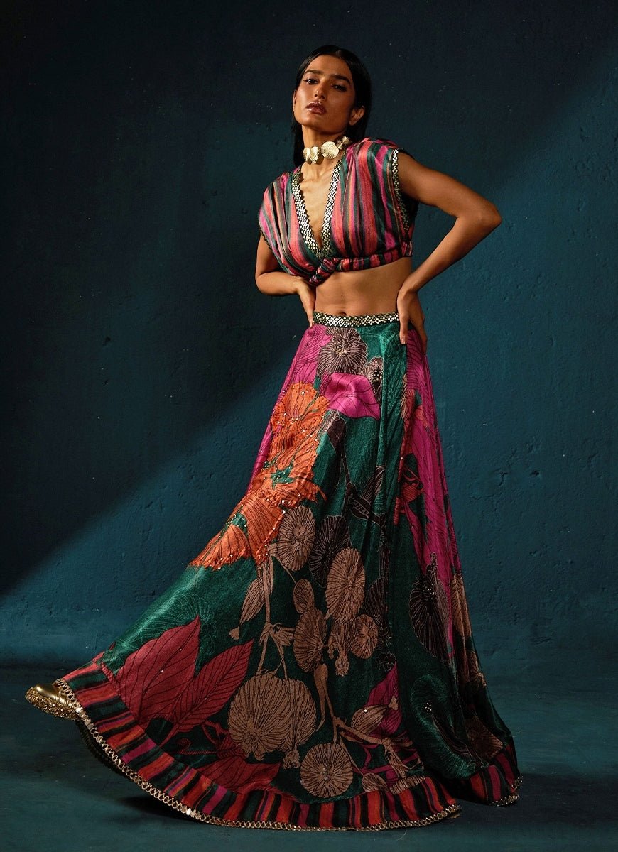 Bottle Green Floral Printed And Embroidered Lehenga Basil Leaf - Fabilicious Fashion