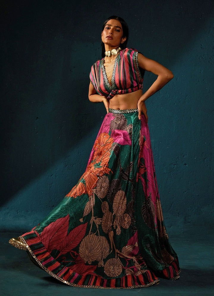 Bottle Green Floral Printed And Embroidered Lehenga Basil Leaf - Fabilicious Fashion