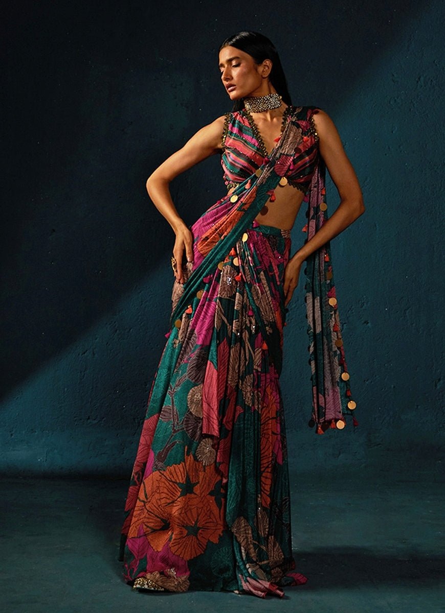 Bottle Green Floral Printed And Pre - Draped Chiffon Saree Basil Leaf - Fabilicious Fashion