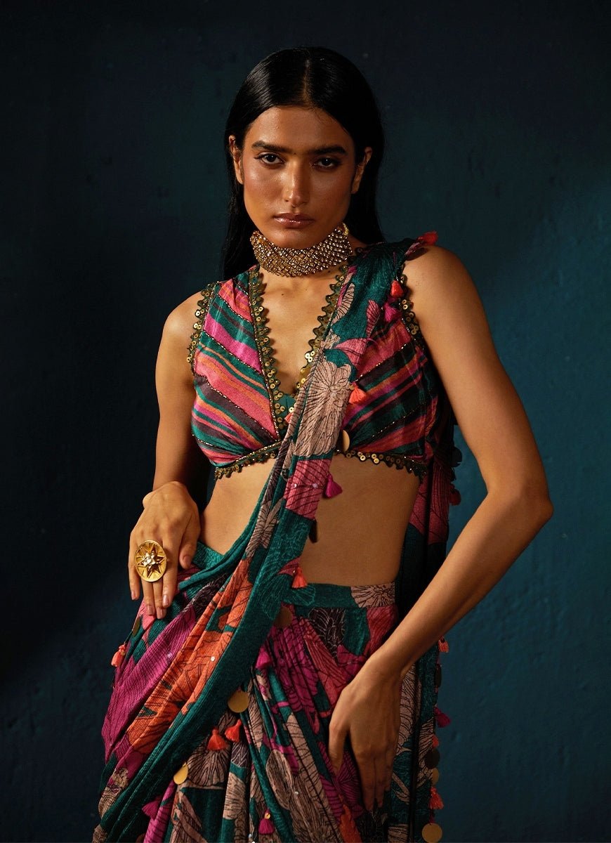Bottle Green Floral Printed And Pre - Draped Chiffon Saree Basil Leaf - Fabilicious Fashion