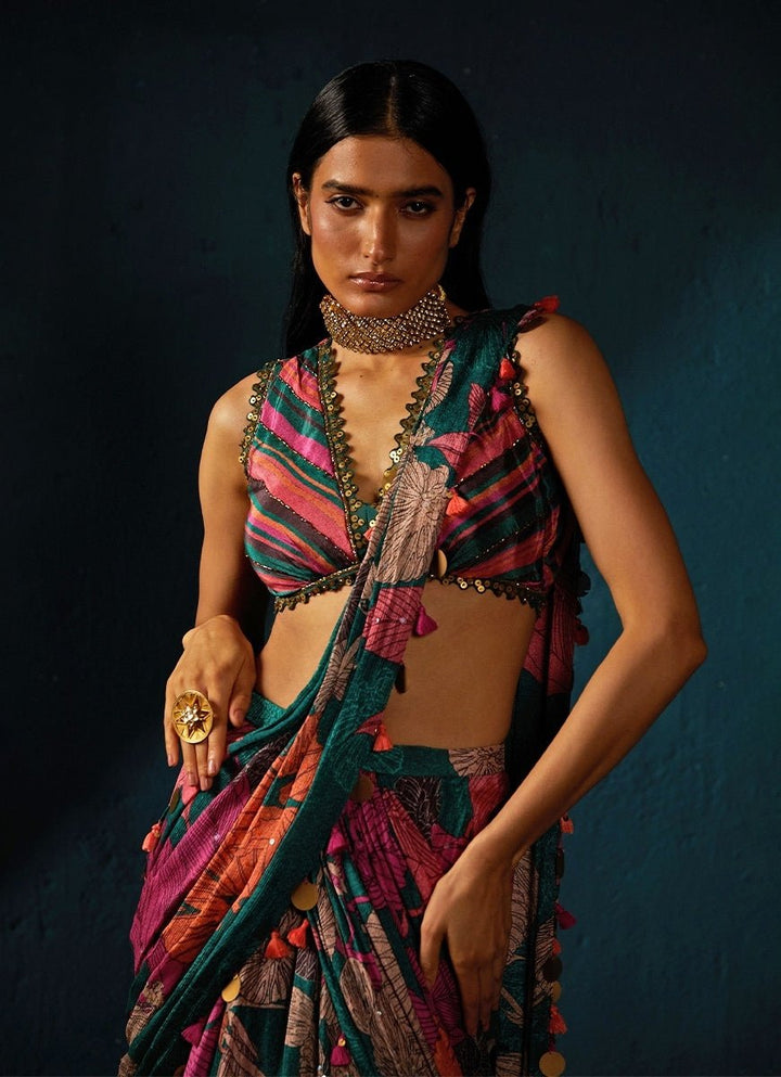 Bottle Green Floral Printed And Pre - Draped Chiffon Saree Basil Leaf - Fabilicious Fashion