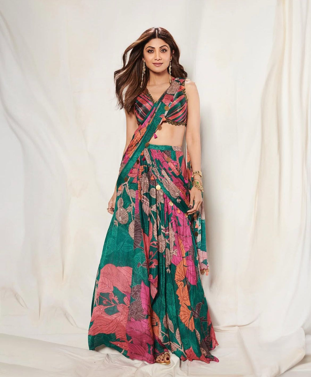 Bottle Green Floral Printed And Pre - Draped Chiffon Saree Basil Leaf - Fabilicious Fashion