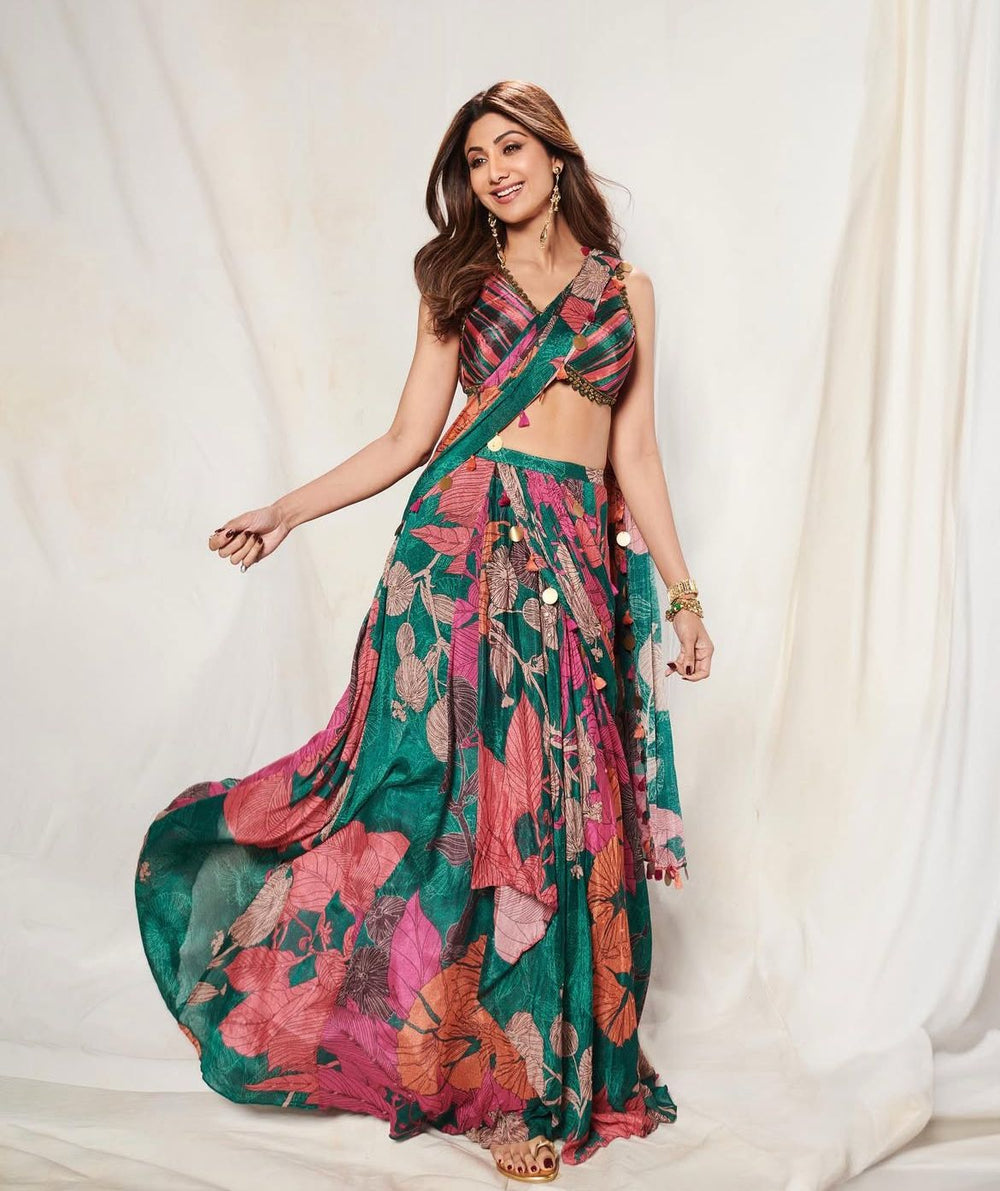 Bottle Green Floral Printed And Pre - Draped Chiffon Saree Basil Leaf - Fabilicious Fashion