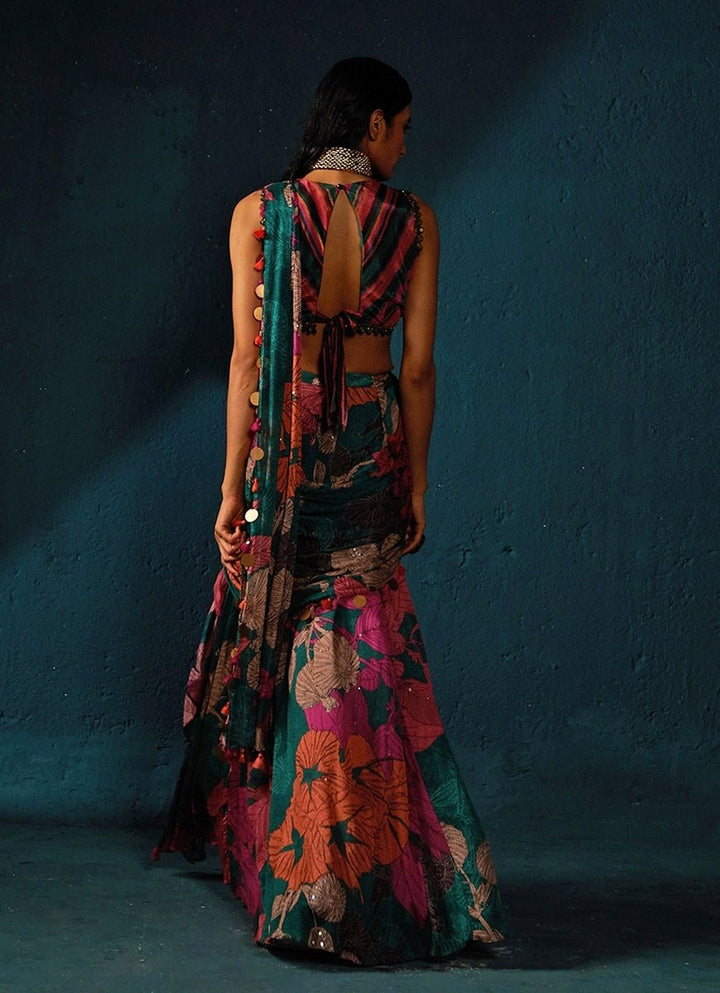 Bottle Green Floral Printed And Pre - Draped Chiffon Saree Basil Leaf - Fabilicious Fashion