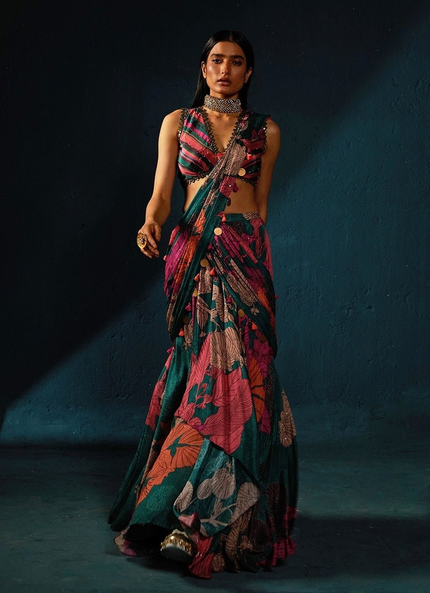 Bottle Green Floral Printed And Pre - Draped Chiffon Saree Basil Leaf - Fabilicious Fashion