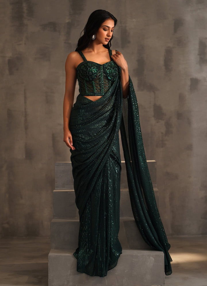 Bottle Green Lycra Predraped Sequinned Saree With Corset Blouse Deepika Chadha - Fabilicious Fashion