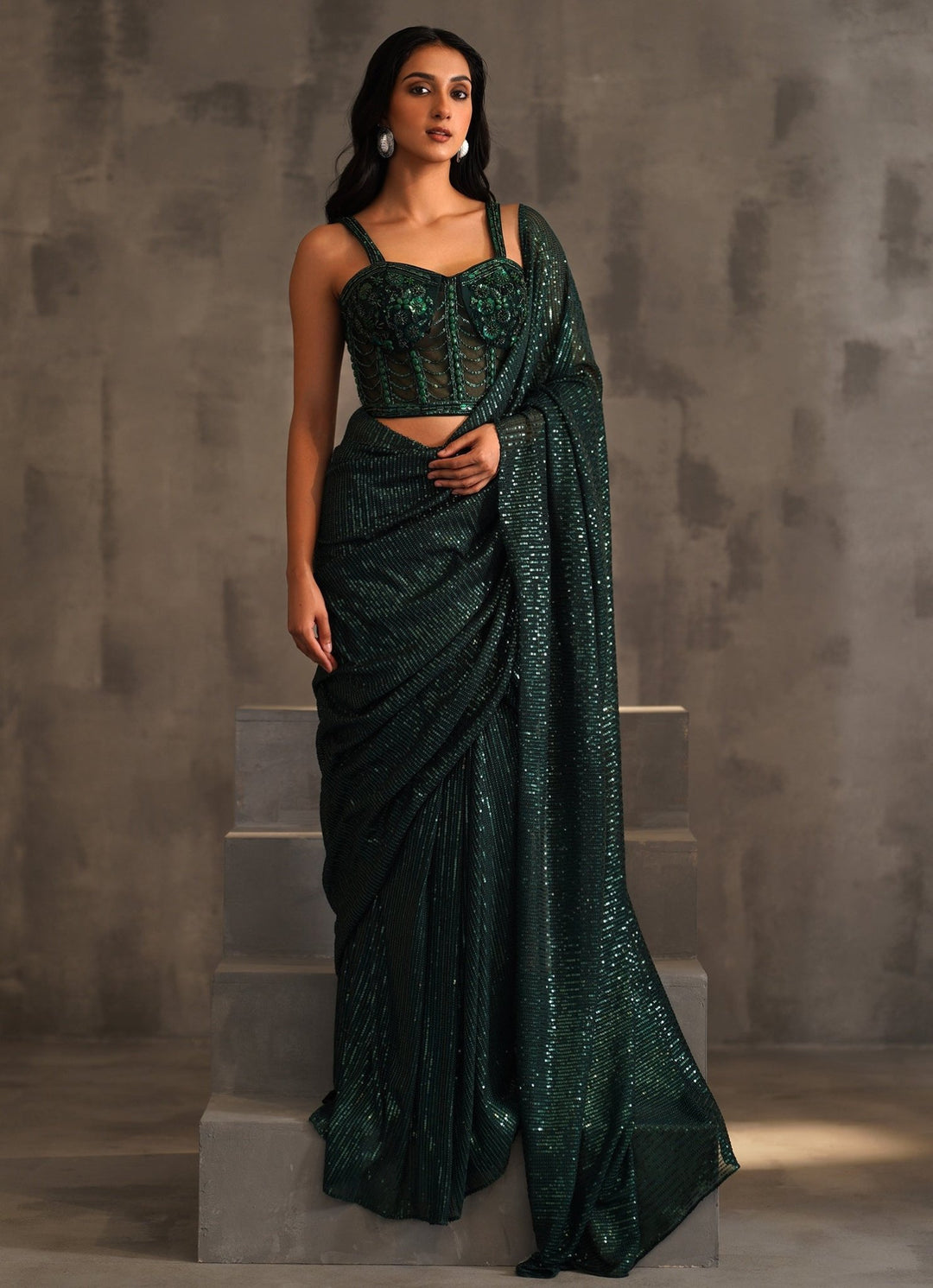 Bottle Green Lycra Predraped Sequinned Saree With Corset Blouse Deepika Chadha - Fabilicious Fashion