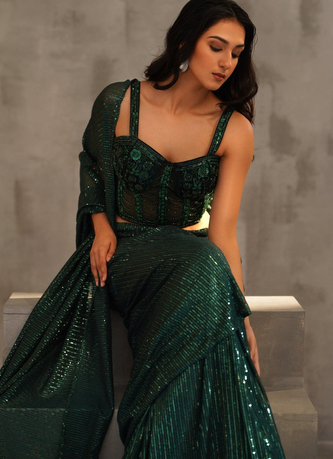 Bottle Green Lycra Predraped Sequinned Saree With Corset Blouse Deepika Chadha - Fabilicious Fashion