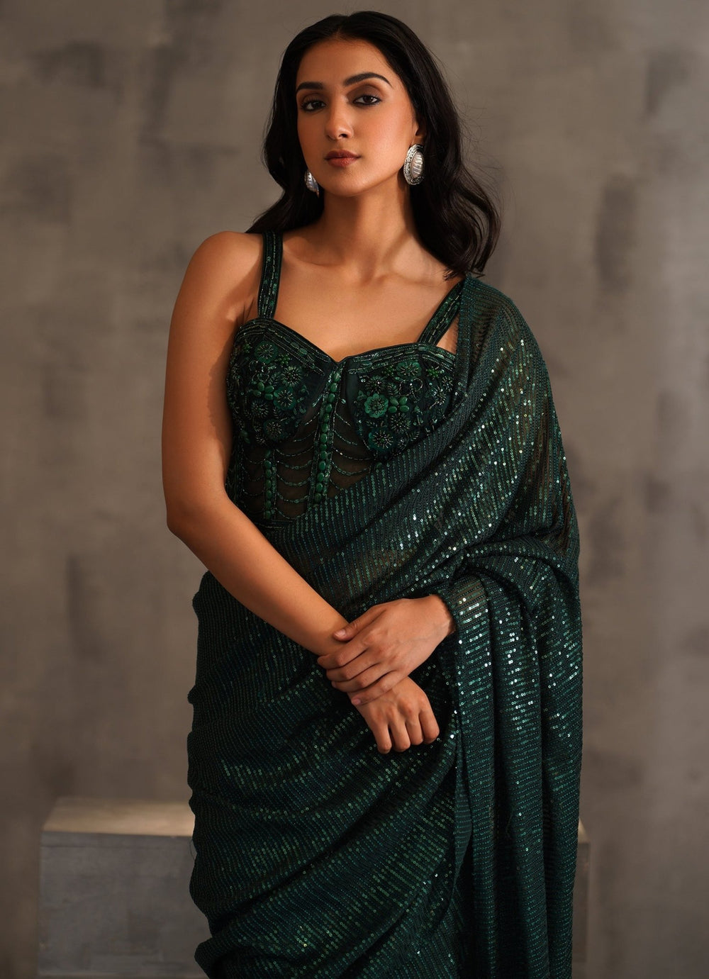 Bottle Green Lycra Predraped Sequinned Saree With Corset Blouse Deepika Chadha - Fabilicious Fashion