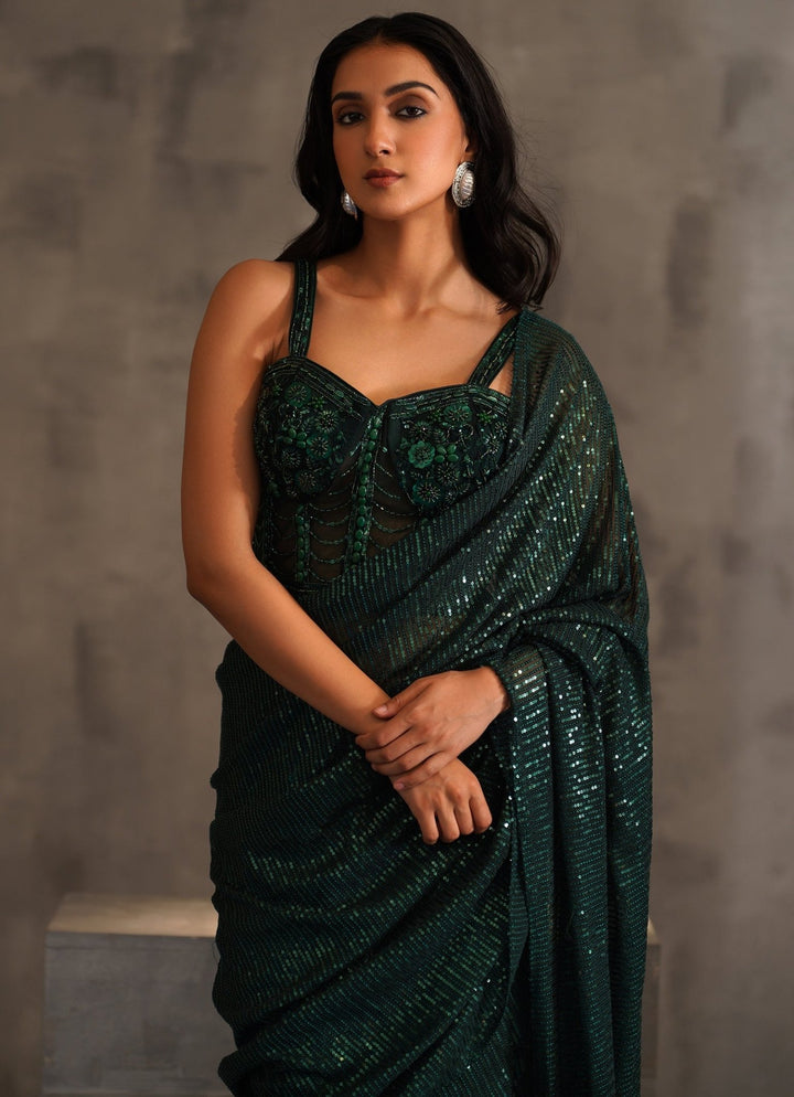 Bottle Green Lycra Predraped Sequinned Saree With Corset Blouse Deepika Chadha - Fabilicious Fashion