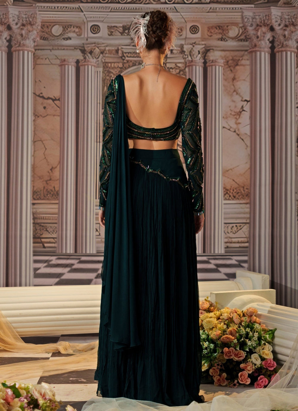 Bottle Green Pre - Draped And Embroidered Georgette Saree Nidhika Shekhar - Fabilicious Fashion