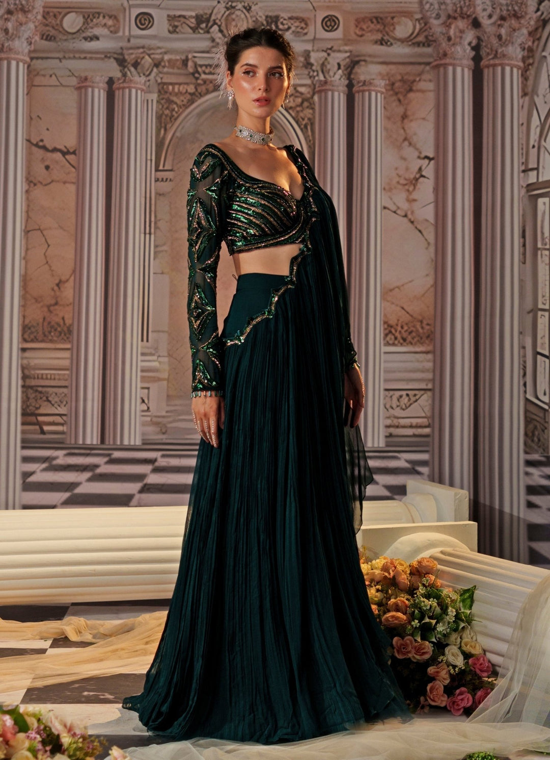 Bottle Green Pre - Draped And Embroidered Georgette Saree Nidhika Shekhar - Fabilicious Fashion