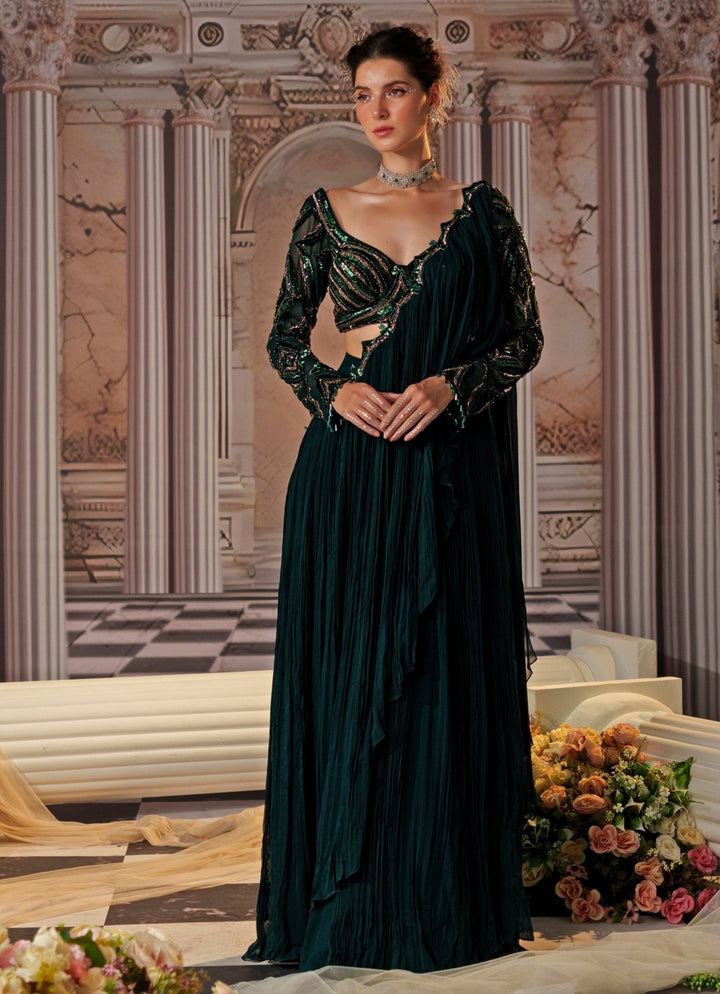 Bottle Green Pre - Draped And Embroidered Georgette Saree Nidhika Shekhar - Fabilicious Fashion