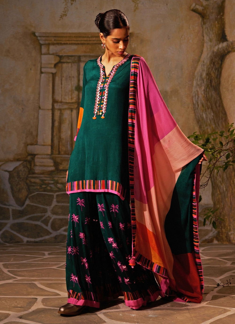 Bottle Green Printed Chiffon Kurta Sharara Set Basil Leaf - Fabilicious Fashion