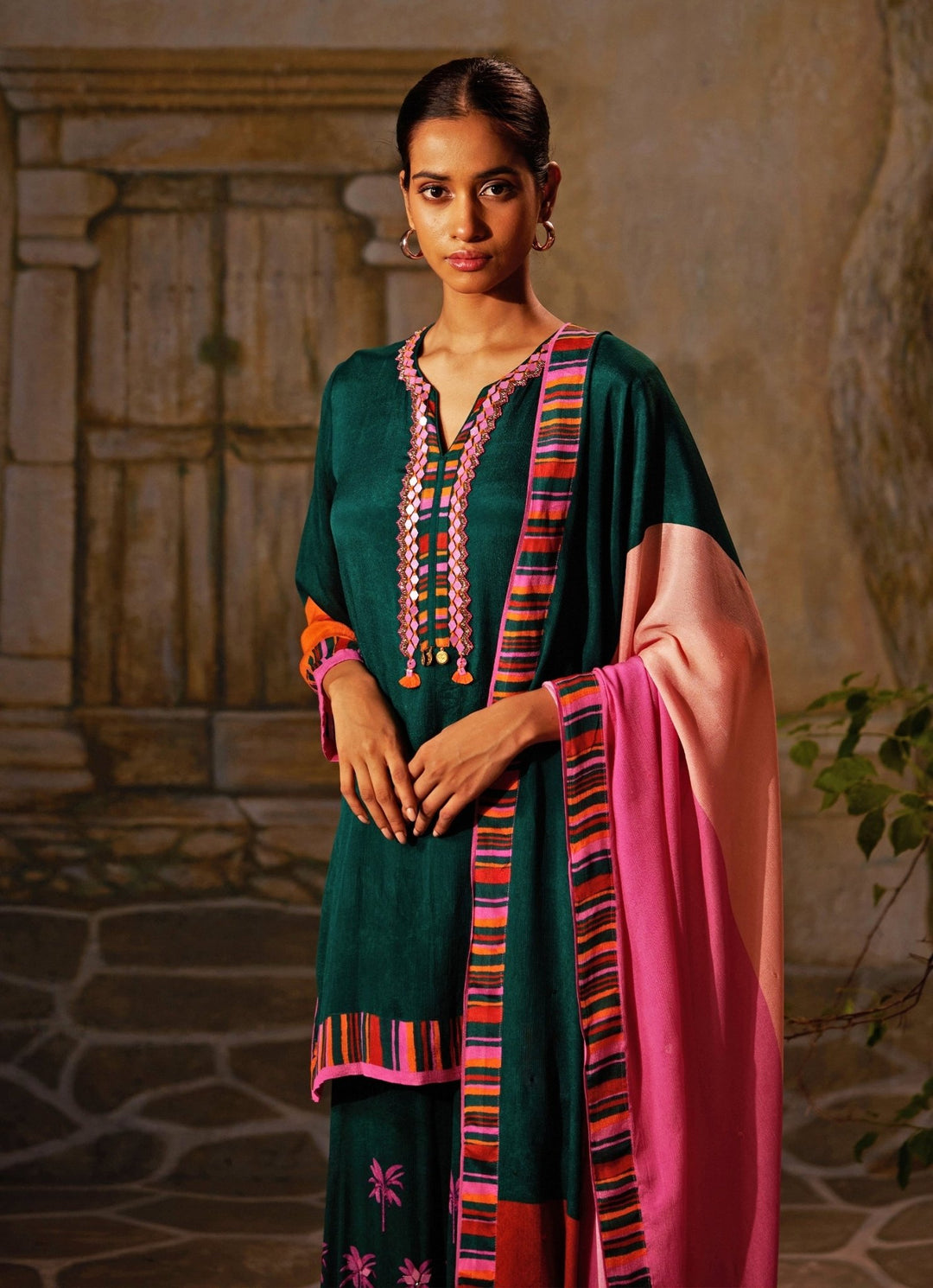 Bottle Green Printed Chiffon Kurta Sharara Set Basil Leaf - Fabilicious Fashion