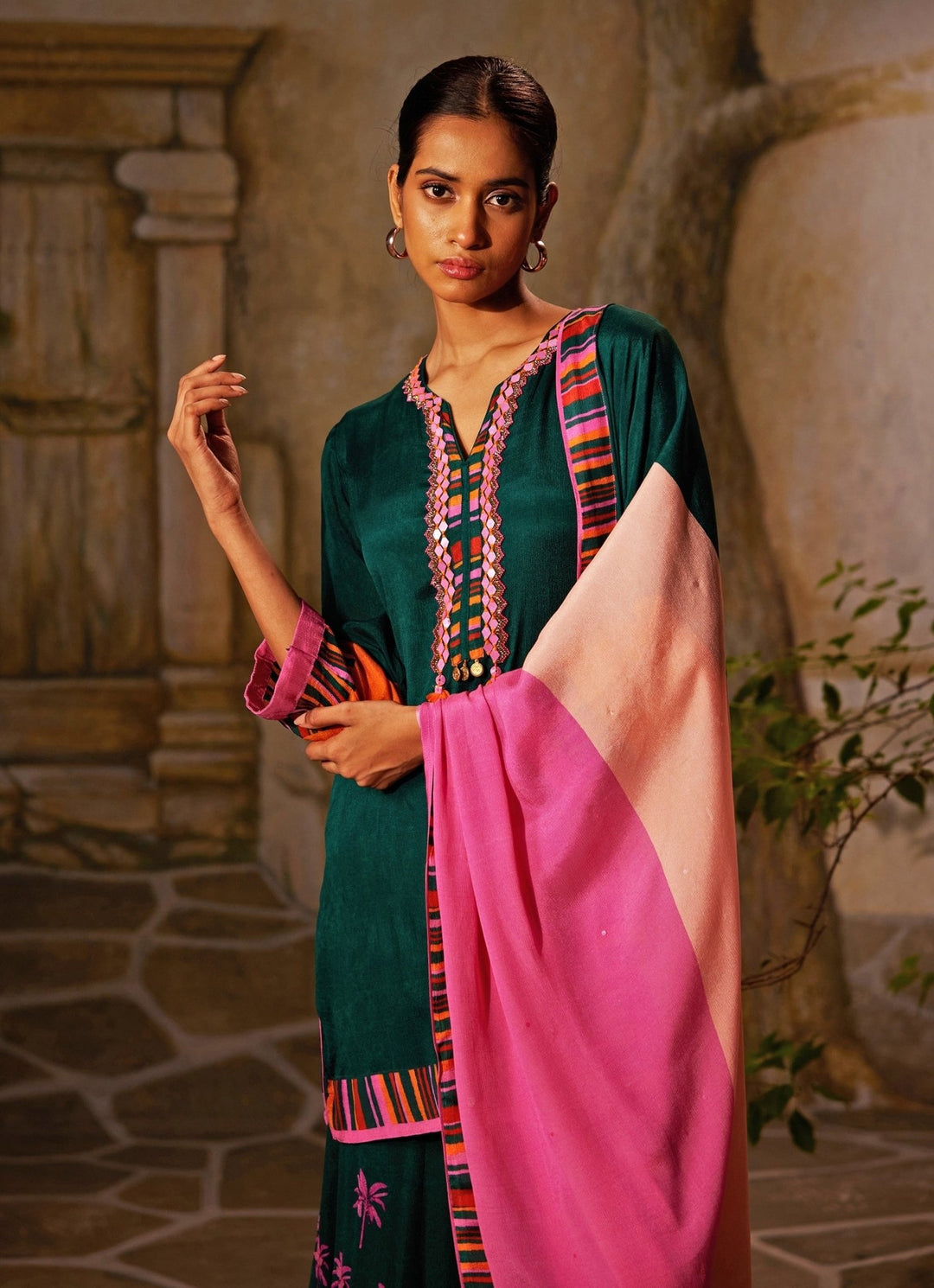 Bottle Green Printed Chiffon Kurta Sharara Set Basil Leaf - Fabilicious Fashion