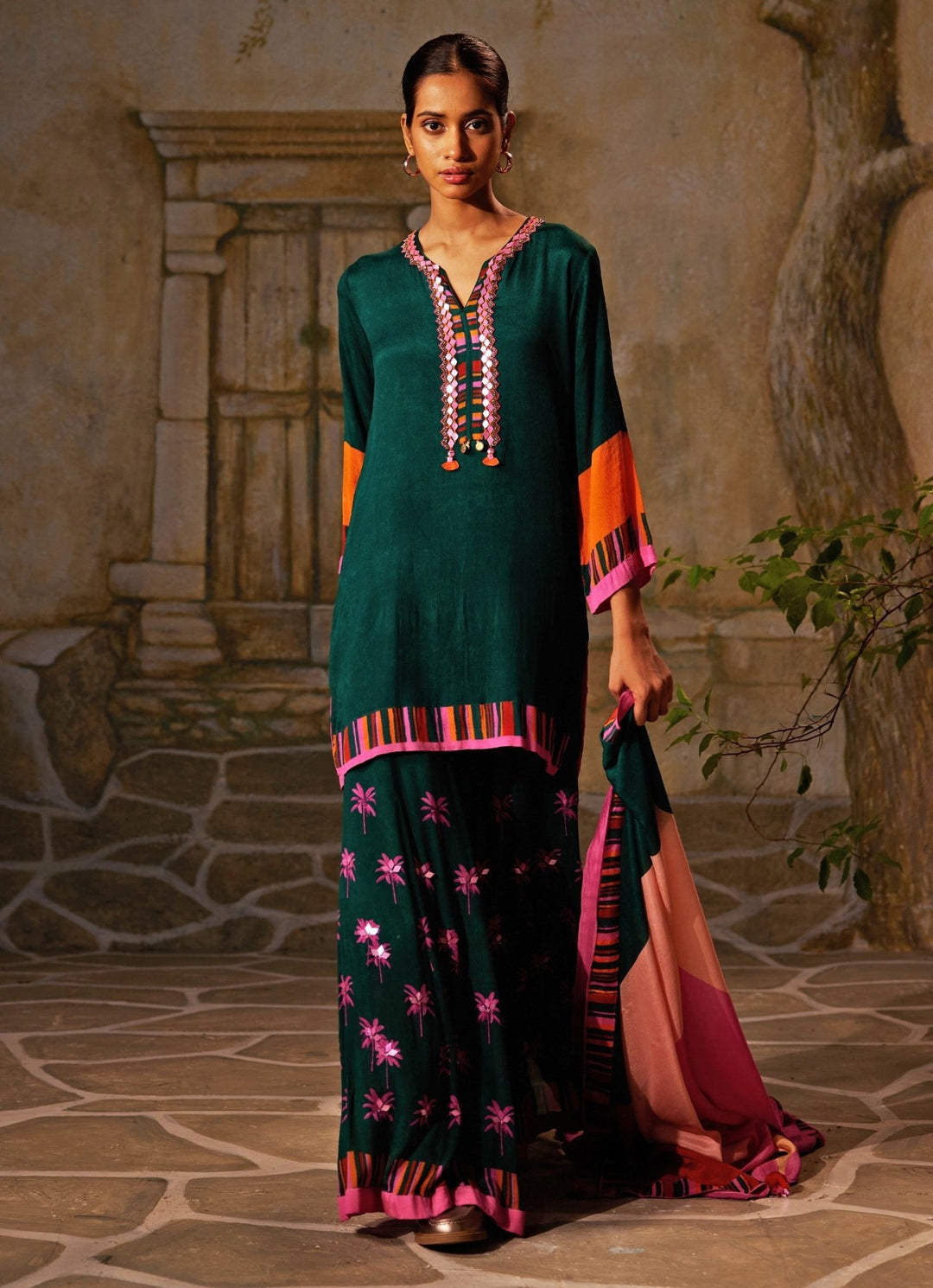 Bottle Green Printed Chiffon Kurta Sharara Set Basil Leaf - Fabilicious Fashion
