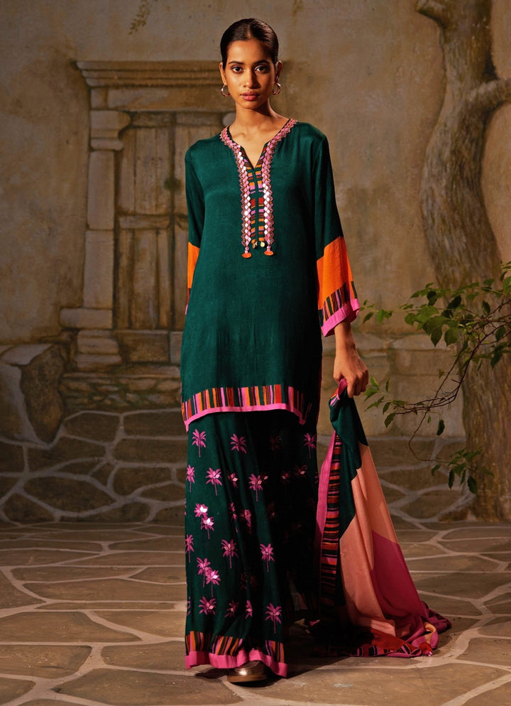 Bottle Green Printed Chiffon Kurta Sharara Set Basil Leaf - Fabilicious Fashion