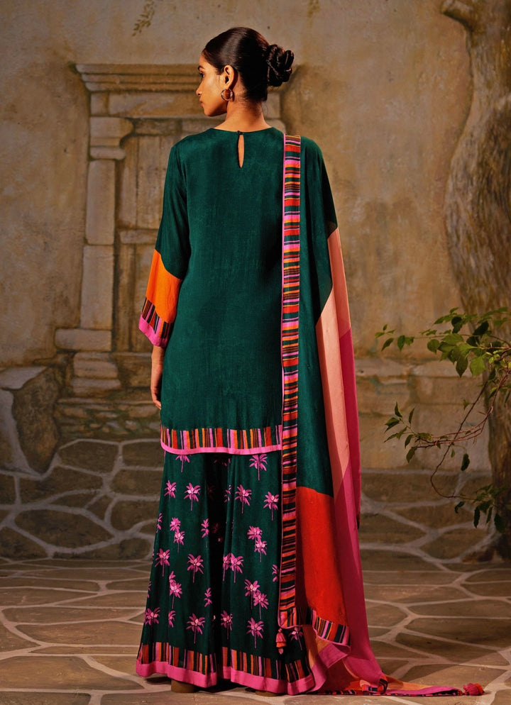 Bottle Green Printed Chiffon Kurta Sharara Set Basil Leaf - Fabilicious Fashion