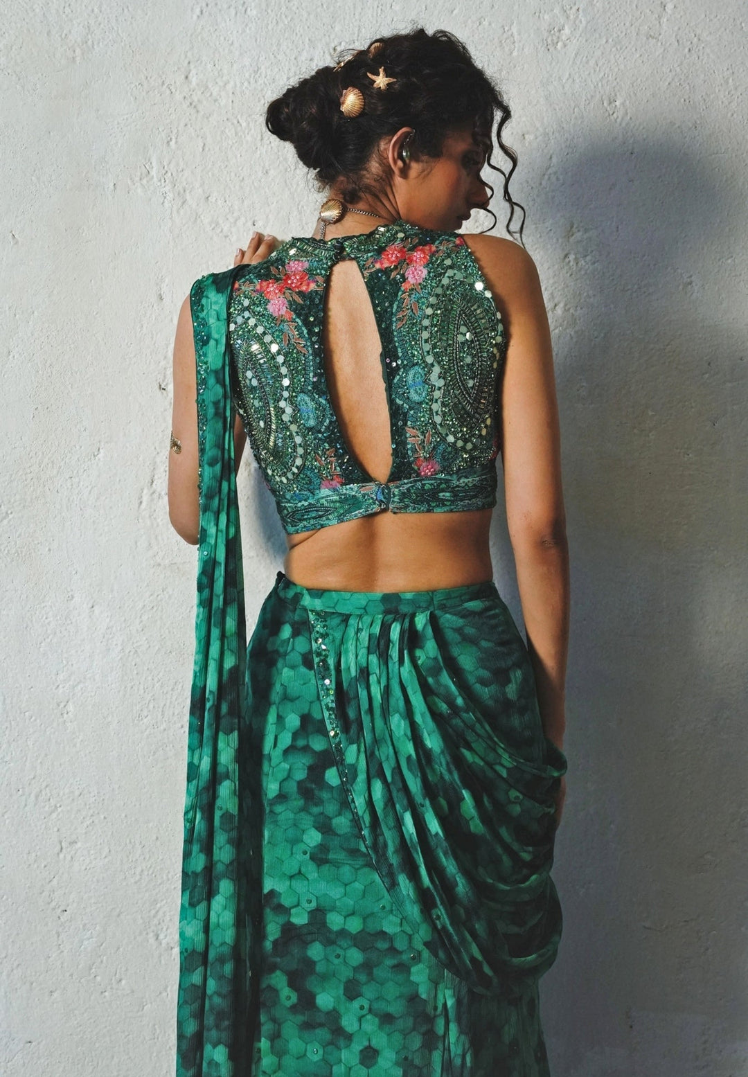 Bottle Green Printed Chiffon Pre - Draped Saree Basil Leaf - Fabilicious Fashion