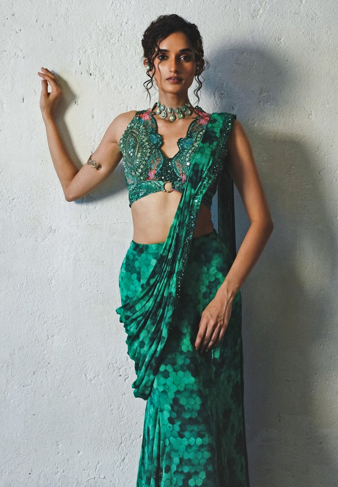 Bottle Green Printed Chiffon Pre - Draped Saree Basil Leaf - Fabilicious Fashion