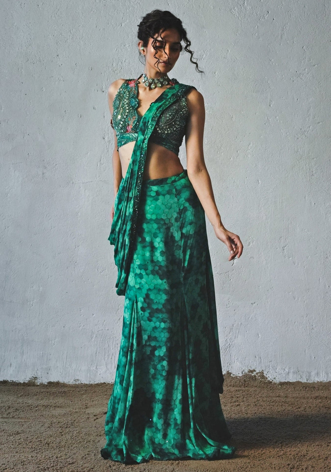 Bottle Green Printed Chiffon Pre - Draped Saree Basil Leaf - Fabilicious Fashion