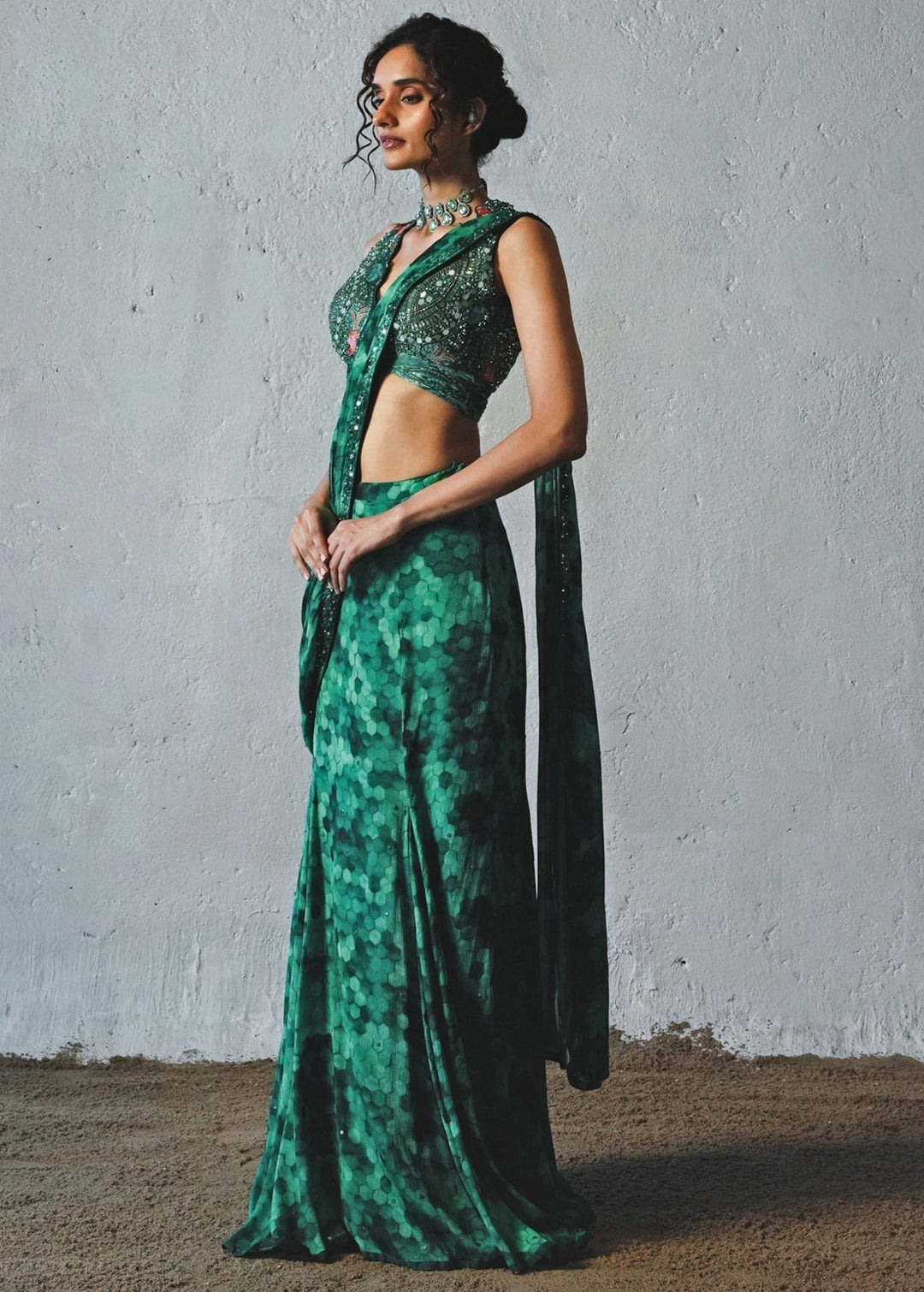 Bottle Green Printed Chiffon Pre - Draped Saree Basil Leaf - Fabilicious Fashion