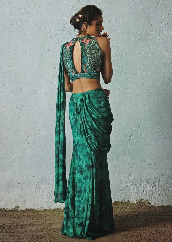 Bottle Green Printed Chiffon Pre - Draped Saree Basil Leaf - Fabilicious Fashion