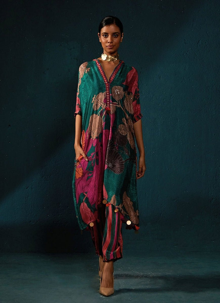 Bottle Green Printed Chiffon Tunic Kurta Pant Set Basil Leaf - Fabilicious Fashion