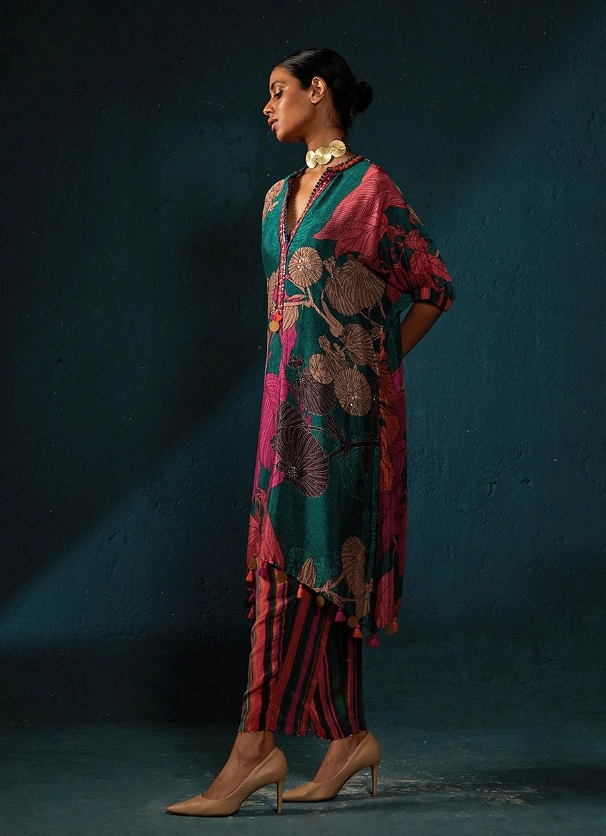 Bottle Green Printed Chiffon Tunic Kurta Pant Set Basil Leaf - Fabilicious Fashion