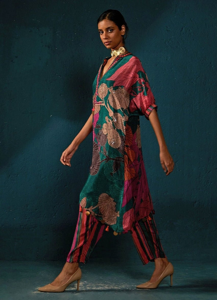 Bottle Green Printed Chiffon Tunic Kurta Pant Set Basil Leaf - Fabilicious Fashion