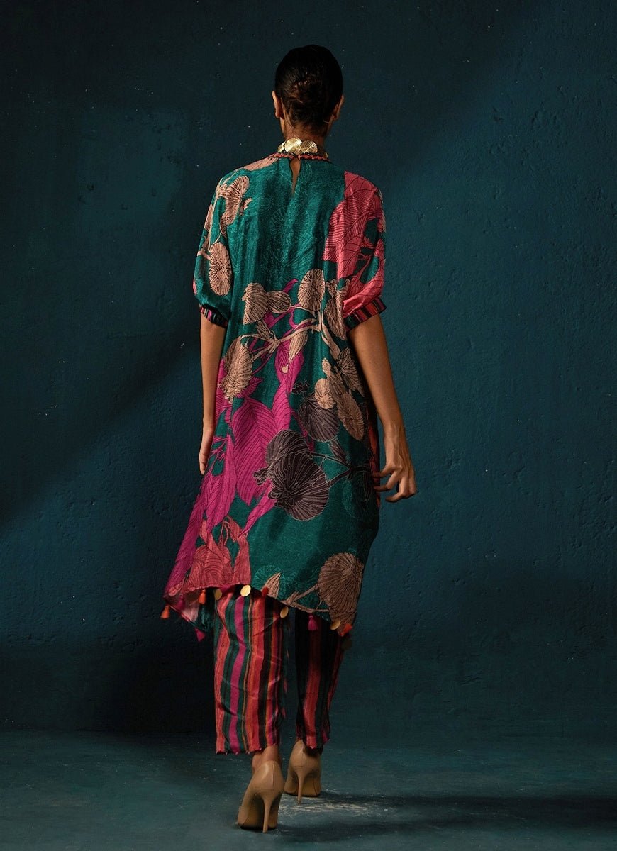 Bottle Green Printed Chiffon Tunic Kurta Pant Set Basil Leaf - Fabilicious Fashion