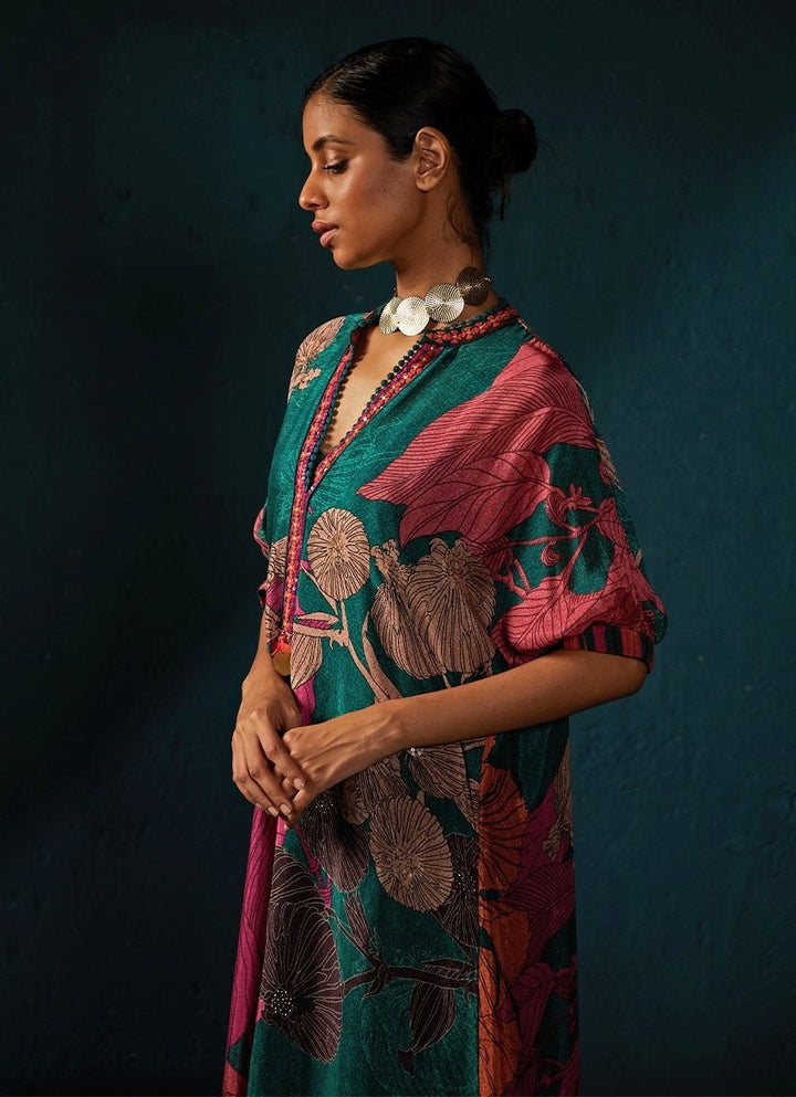 Bottle Green Printed Chiffon Tunic Kurta Pant Set Basil Leaf - Fabilicious Fashion