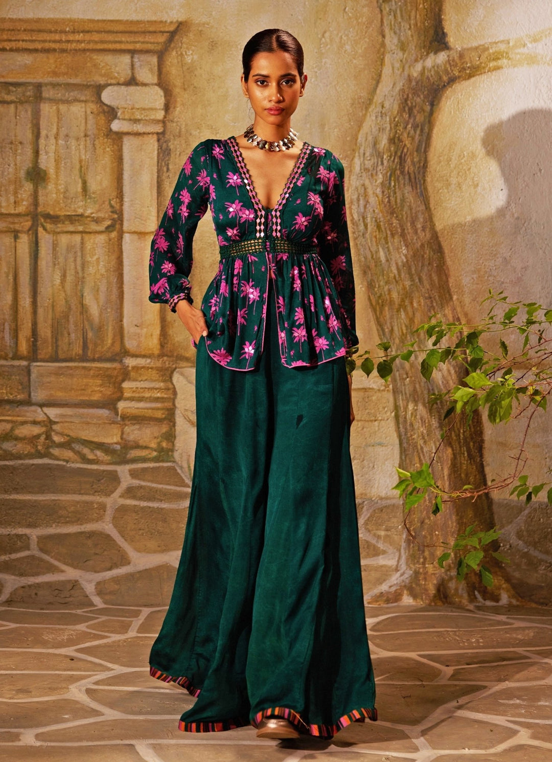 Bottle Green Printed Peplum Kurta And Pant Set Basil Leaf - Fabilicious Fashion