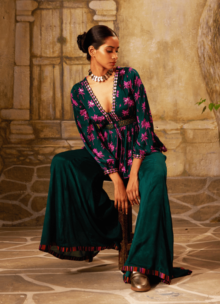 Bottle Green Printed Peplum Kurta And Pant Set Basil Leaf - Fabilicious Fashion
