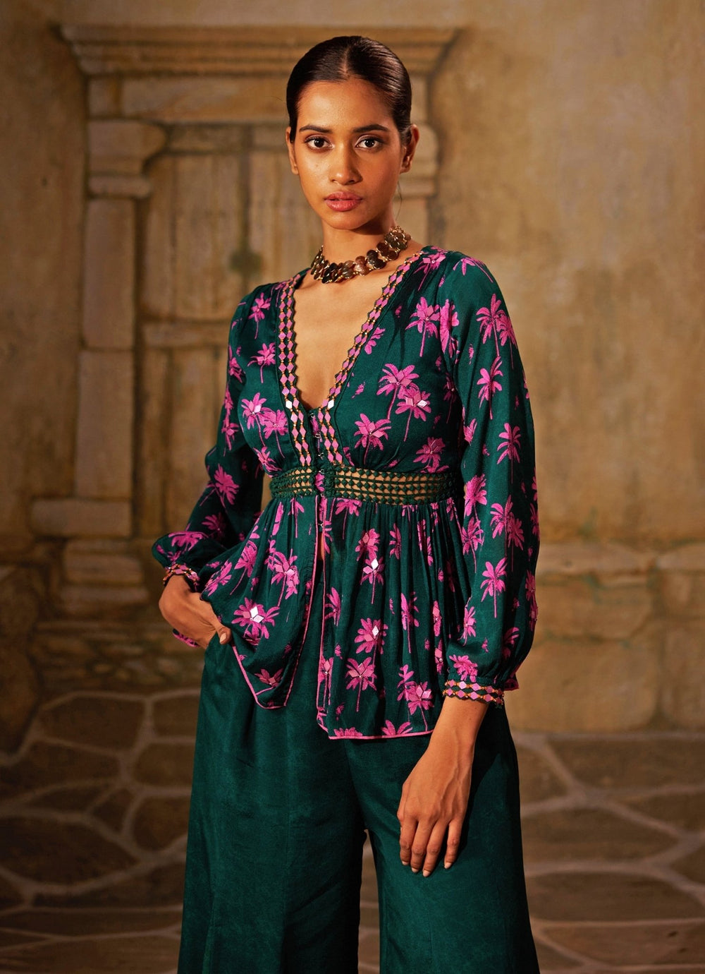 Bottle Green Printed Peplum Kurta And Pant Set Basil Leaf - Fabilicious Fashion