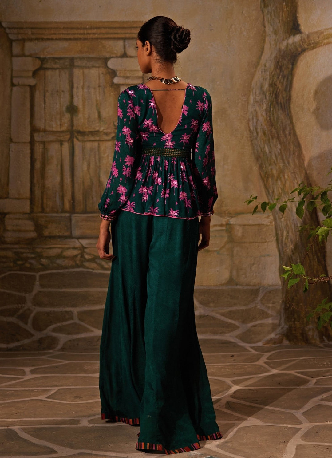 Bottle Green Printed Peplum Kurta And Pant Set Basil Leaf - Fabilicious Fashion
