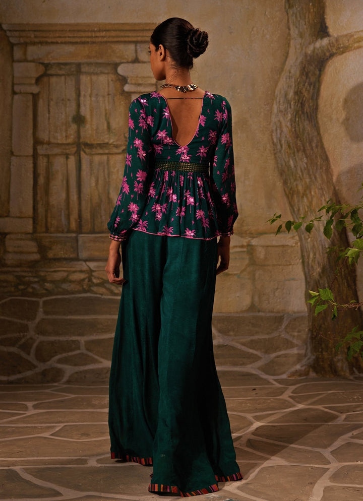 Bottle Green Printed Peplum Kurta And Pant Set Basil Leaf - Fabilicious Fashion