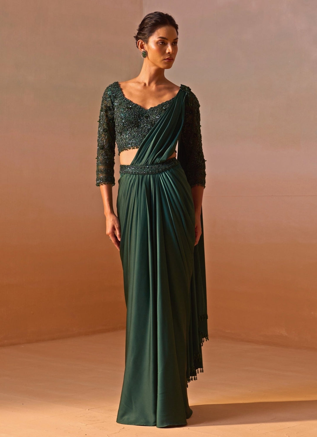 Nitika Gujral Bottle Green Satin Pre Draped SareeFabilicious Fashion