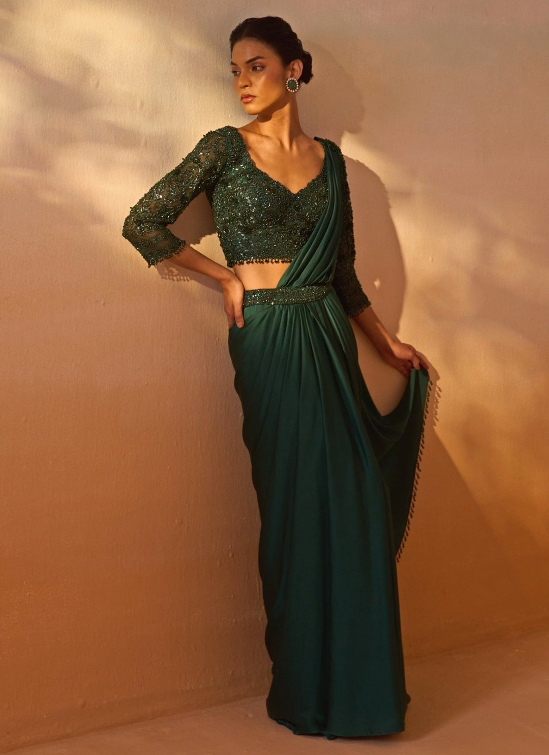 Nitika Gujral Bottle Green Satin Pre Draped SareeFabilicious Fashion