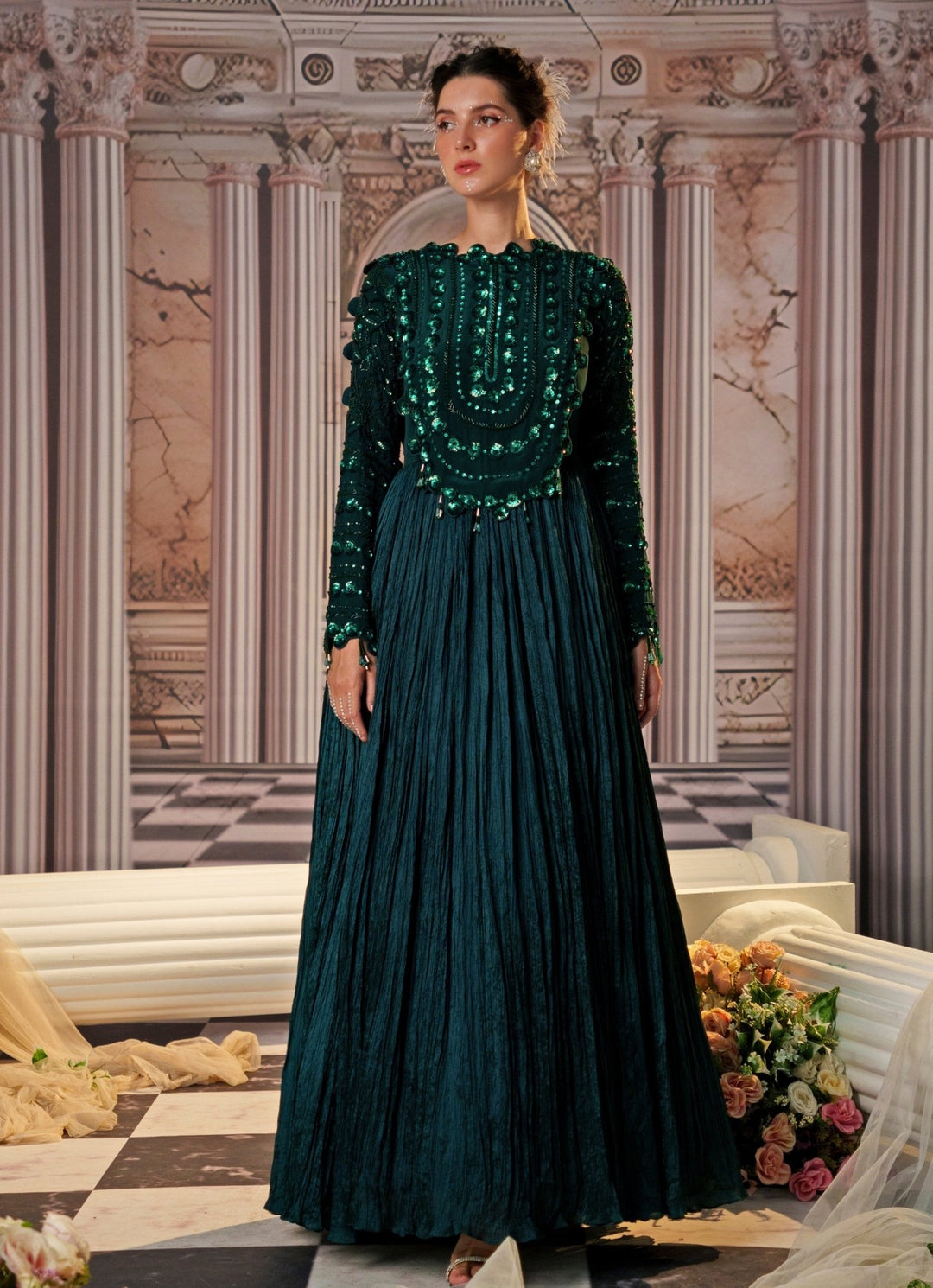 Nidhika Shekhar Bottle Green Sequin Embroidered Anarkali MySize Nidhika Shekhar Bottle Green Sequin Embroidered Anarkali MySize