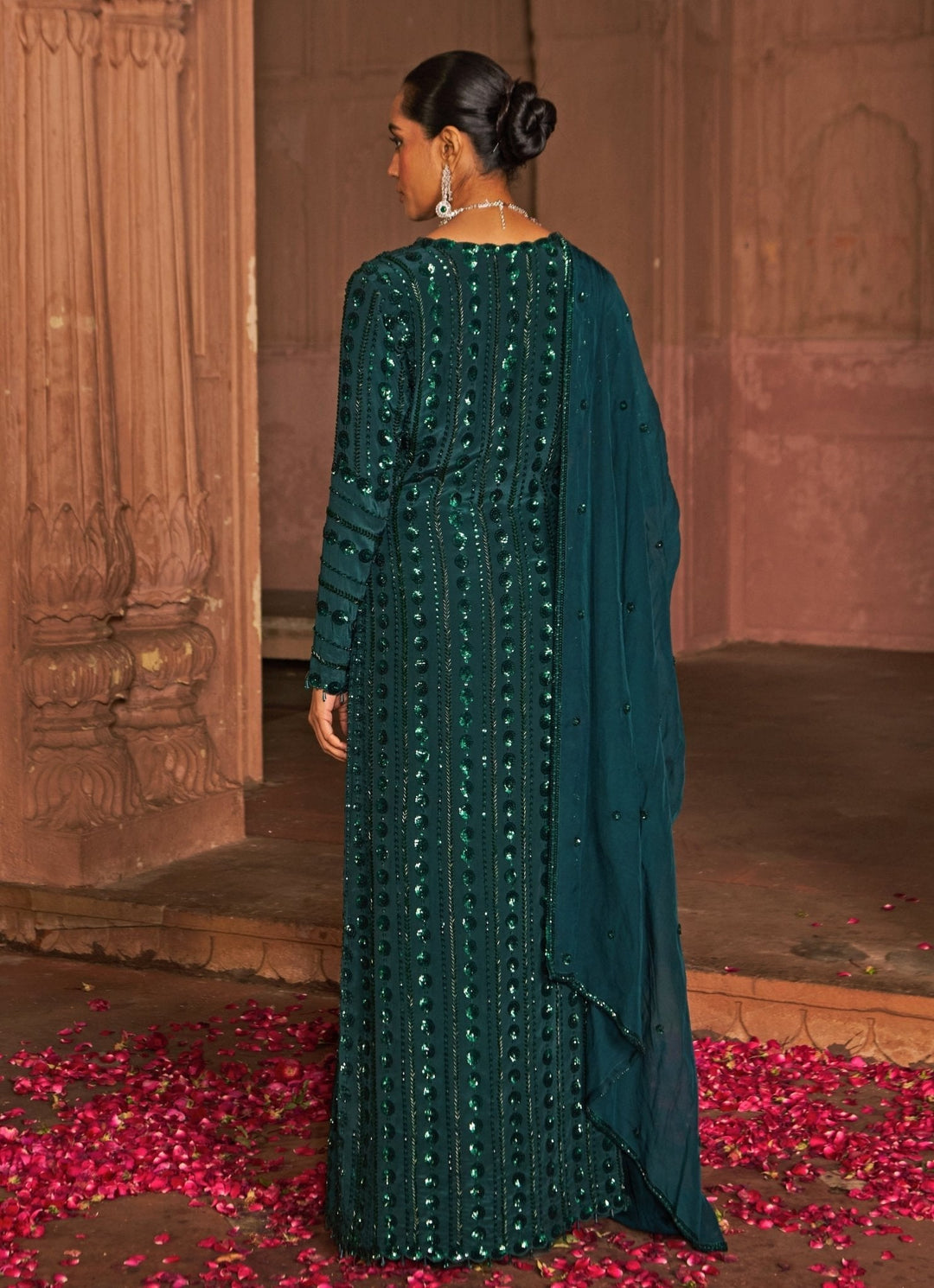 Bottle Green Sequin Embroidered Kurta Lehenga Set Nidhika Shekhar - Fabilicious Fashion