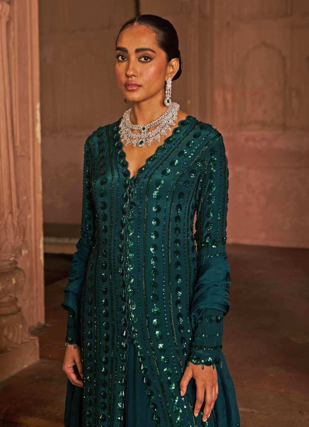 Bottle Green Sequin Embroidered Kurta Lehenga Set Nidhika Shekhar - Fabilicious Fashion