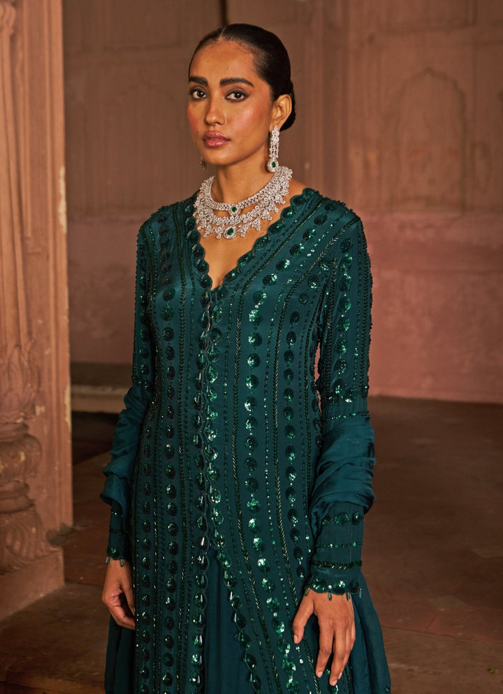 Bottle Green Sequin Embroidered Kurta Lehenga Set Nidhika Shekhar - Fabilicious Fashion