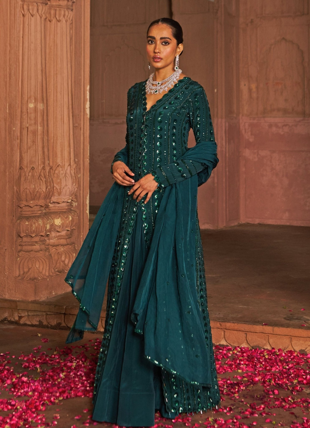 Bottle Green Sequin Embroidered Kurta Lehenga Set Nidhika Shekhar - Fabilicious Fashion
