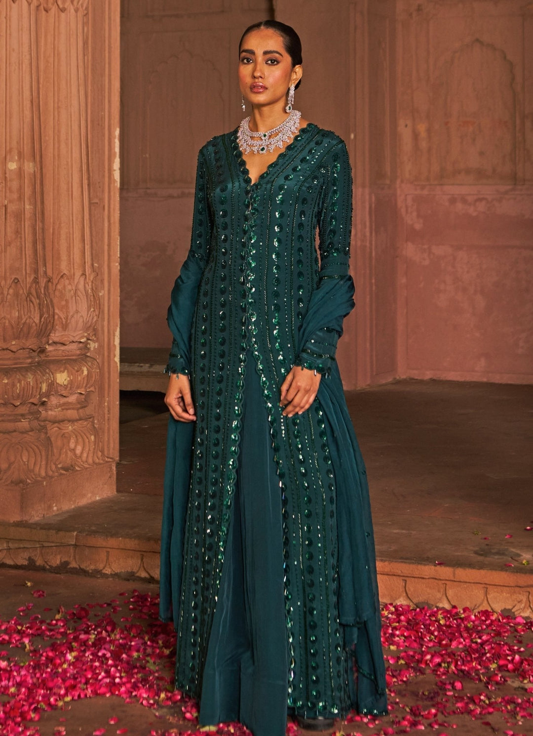 Bottle Green Sequin Embroidered Kurta Lehenga Set Nidhika Shekhar - Fabilicious Fashion